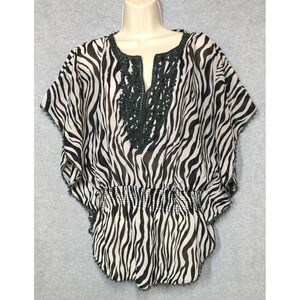 Chiffon Topper 1X Zebra Black White Print  Embroidery Trim Smock Waist Pool Side